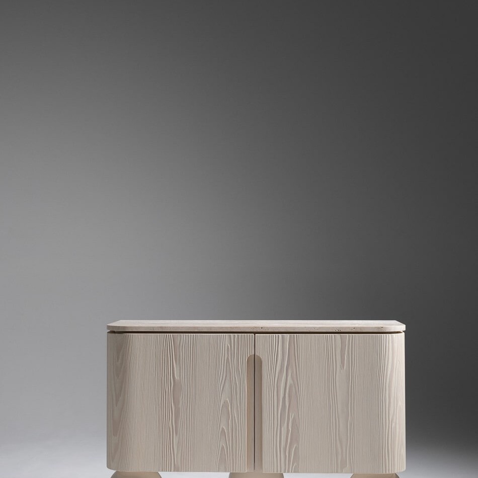 Olbia Commode by Le Berre Vevaud, brushed spruce, travertine top