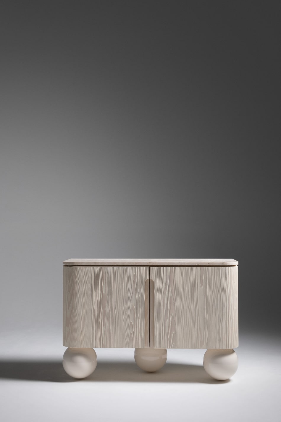Olbia Commode by Le Berre Vevaud, brushed spruce, travertine top
