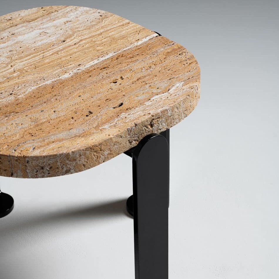 Chloe Pedestal Table by Le Berre Vevaud, walnut travertine top